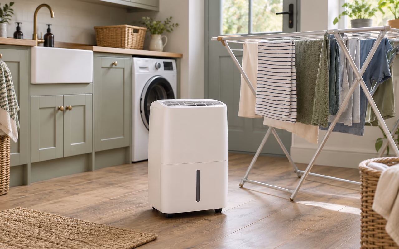 A dehumidifier beside an indoor laundry drying rack in a bright utility room.