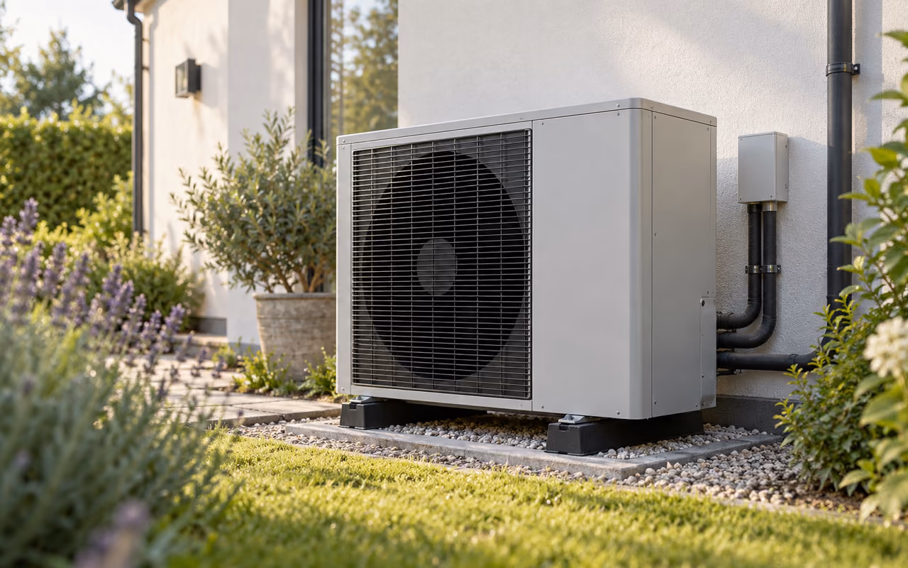 An air-source heat pump beside a home and garden.