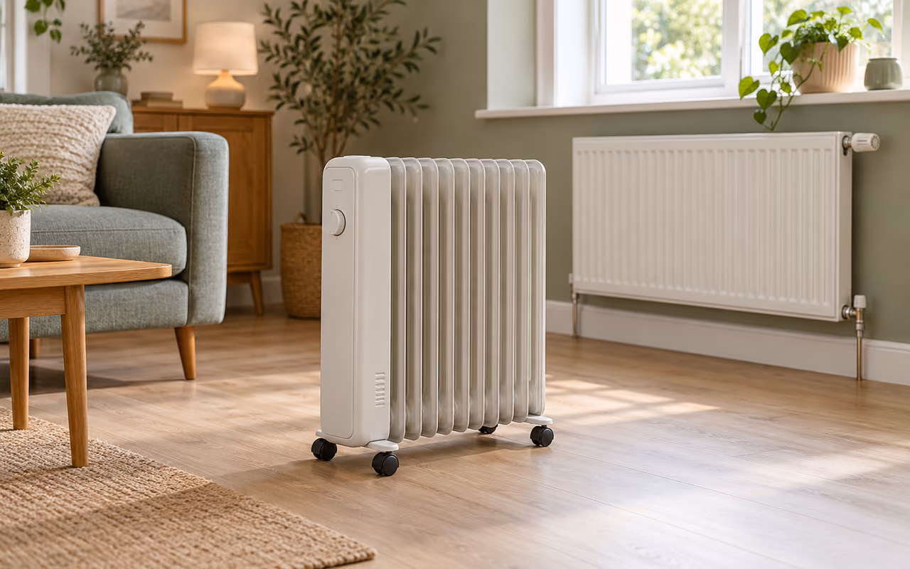 An electric oil-filled radiator in a living room with a fixed wall radiator behind it.